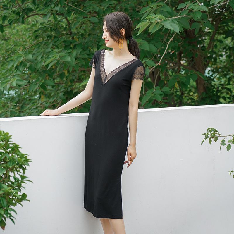 

Women's Sleepwear Summer Autumn Nightgown Solid Color Modal Slim Lace V-neck Sexy Women's Nightdress Comfortable Home Clothes Lady, Black