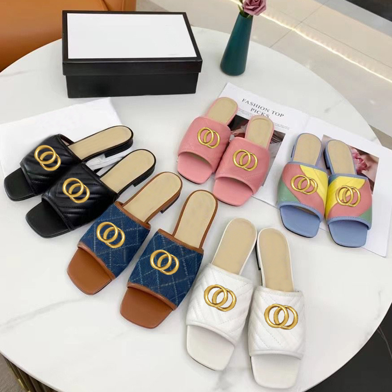 

Classic designer slipper women beach slippers leather letter lady Flat shoe Metal buckle Slides summer woman shoes Lazy Sandals Large size 34-41-42 us4-us11 With box, Colour 18