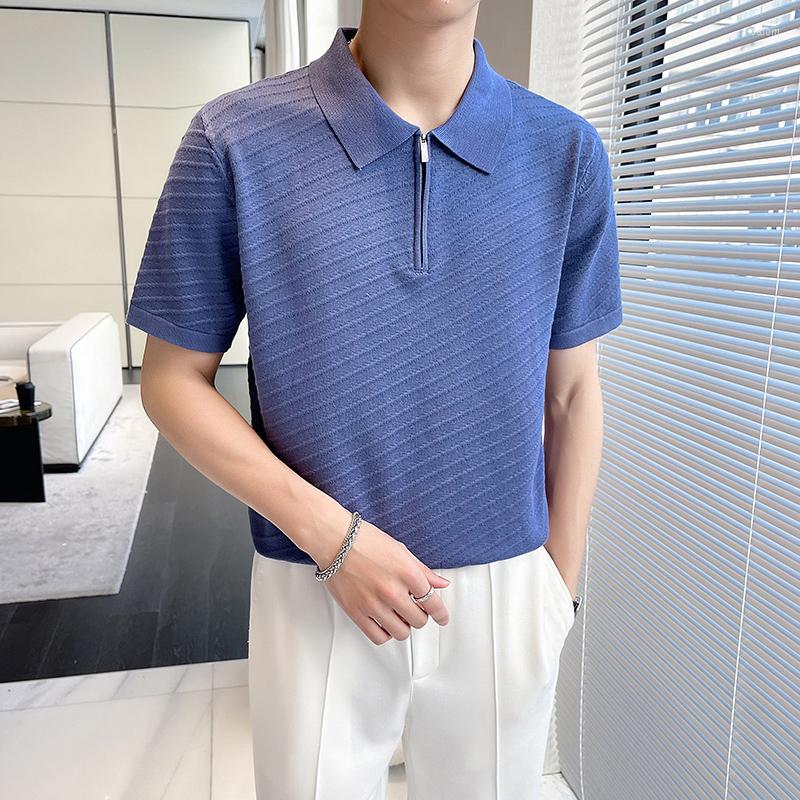 

Men's Polos Summer Men's Polo Shirt 2023 Fashion Diagonal Stripe Knitting Lapel Short Sleeve Tops&Tees Business Casual Slim Hole, Black