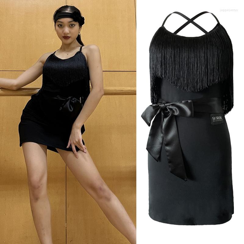

Stage Wear Sexy Backless Latin Dance Dress Black Tassels Women Cha Rumba Samba Dancewear Practice SL7953