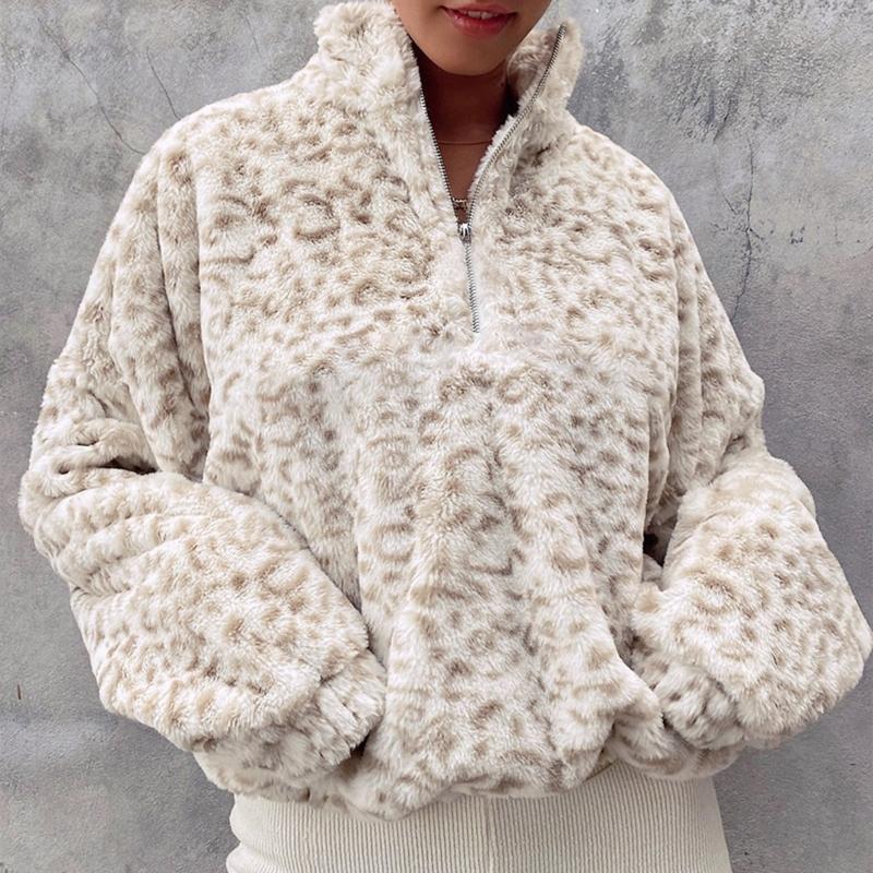 

Women's Hoodies Women Long Sleeve Turtleneck Sweatshirt Fuzzy Plush Leopard Pullover Top Harajuku Half Zip Drawstring Hem Streetwear & Swea
