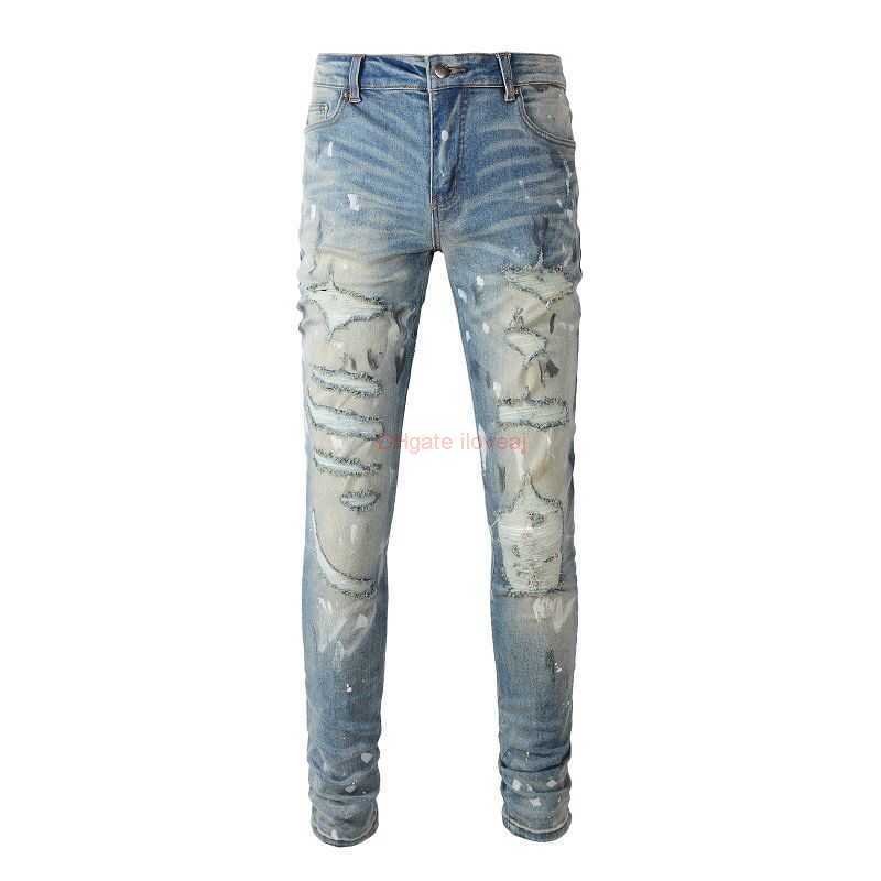 

Designer Clothing Amires Jeans Denim Pants Amies High Street Worn Old Jeans Male Slim Fit Elastic Knee Hole Small Foot Long Pants Male Distressed Ripped Skinny Motocy, Beige