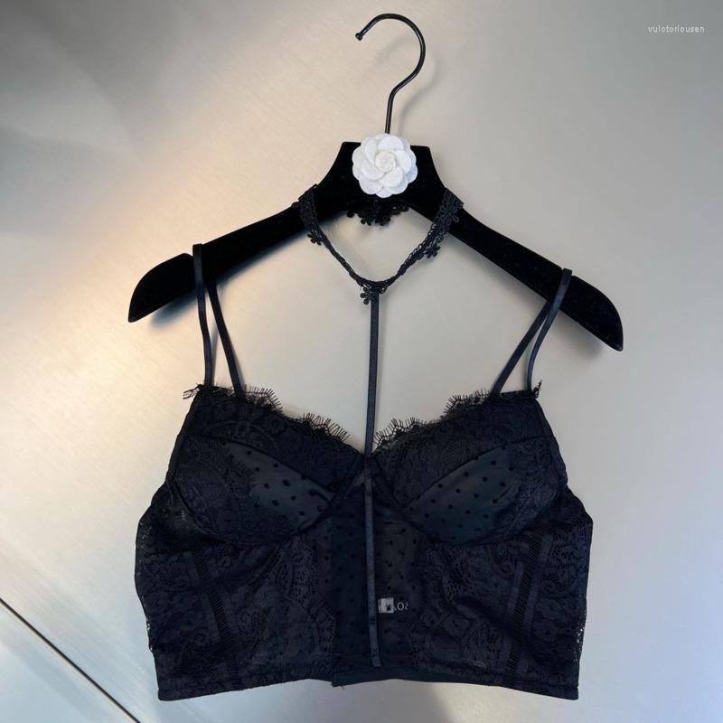 

Women' Tanks PREPOMP 2023 Summer Arrival Sleeveless Lace Halter Black Polka Dot Padded Chest Sexy Hollow Out Camis Women Crop Top GH567