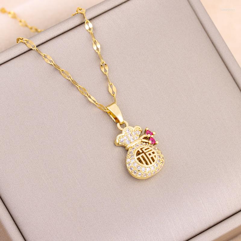 

Pendant Necklaces In Chinese Wind Lucky Bag For Women Vintage Style Female Stainless Steel Neck Chains Jewelry Wholesale