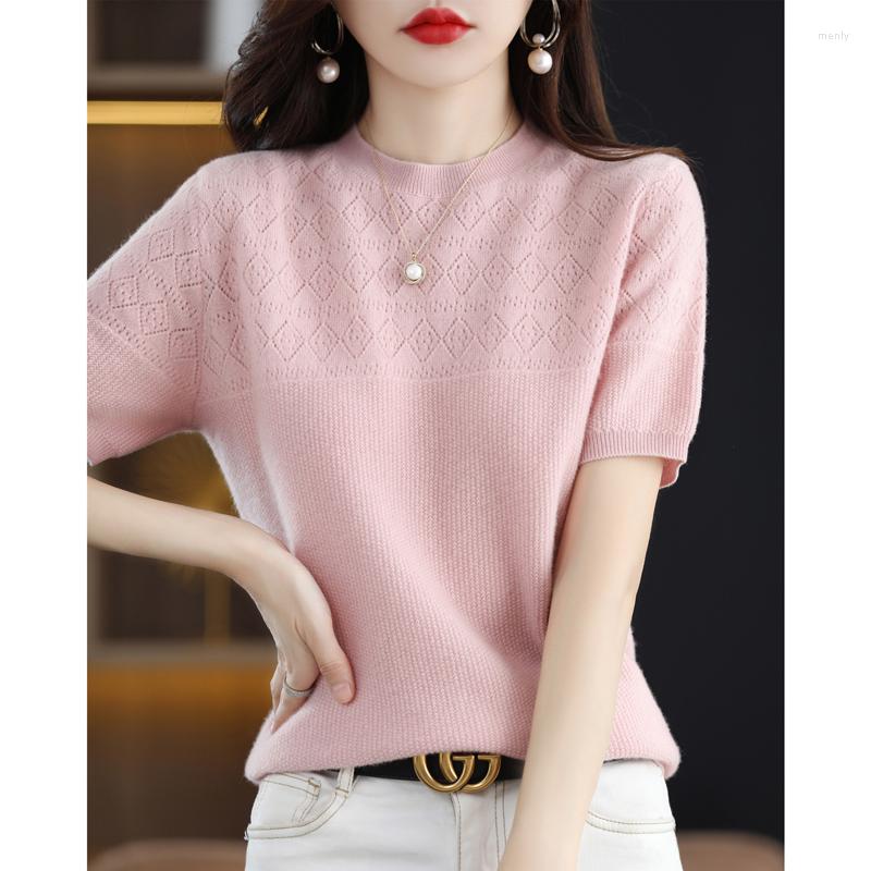 

Women's T Shirts Summer Women's Short Sleeve Pullover Wool Knitted Round Neck Fashion Cutout High End Solid Color Top Casual T-Shirt, White