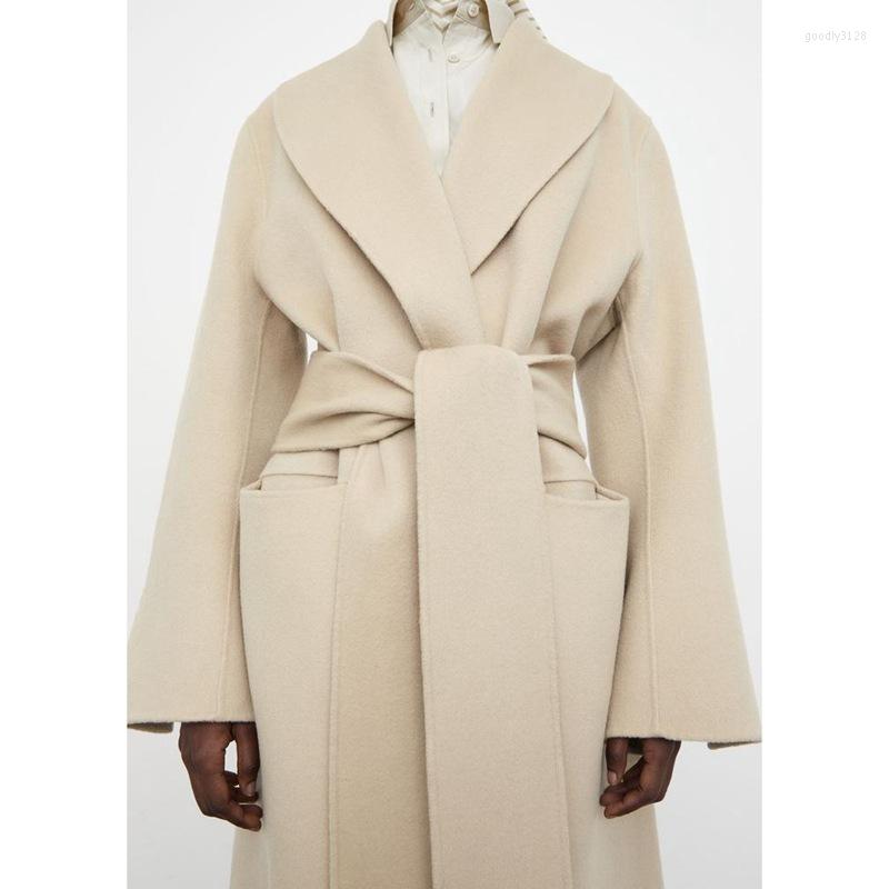 

Women's Wool Women Woolen Long Coat With Sashes 2023 Fall Winter Lace-up Double-sided Sleeve Beige Black Camel Temperament Jackets