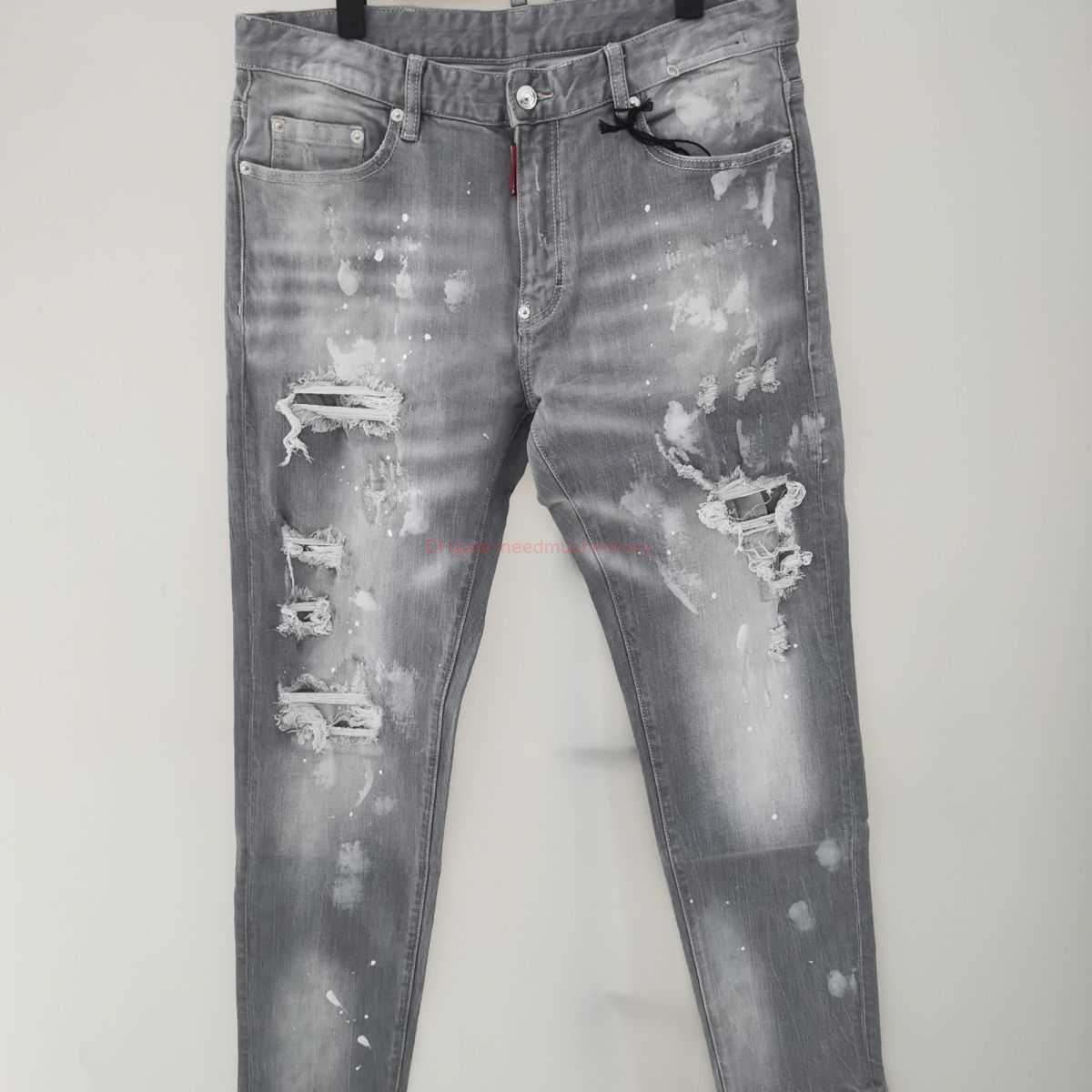 

Designer Clothing Amires Jeans Denim Pants Amies Light Gray Washed Torn Jeans with Personality Trend Youth Fashion Elastic Slim Fitting Patch Small Straight Leg Pan, Beige