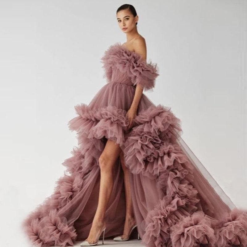

2023 Prom Dresses Ruffles Dusty Pink Tulle Kimono Women Robe for Photoshoot Puffy Off Shoulder Evening Gowns African Maternity Dress Photography High Low Length, Chocolate