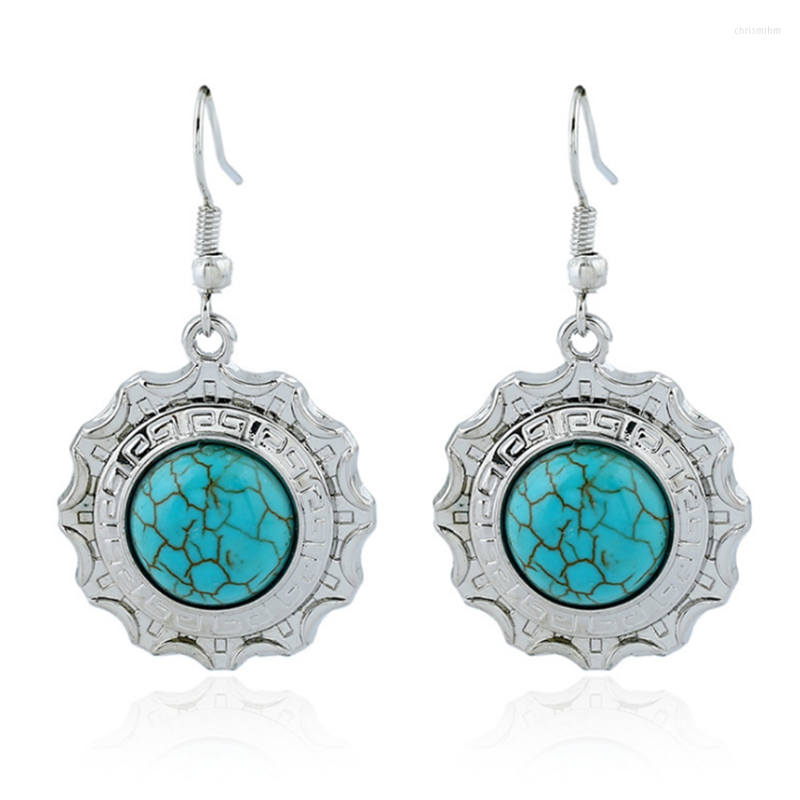 

Dangle Earrings Silver Plated Alloy Round Green Turquoises Stone Drop For Women Fashion Jewelry