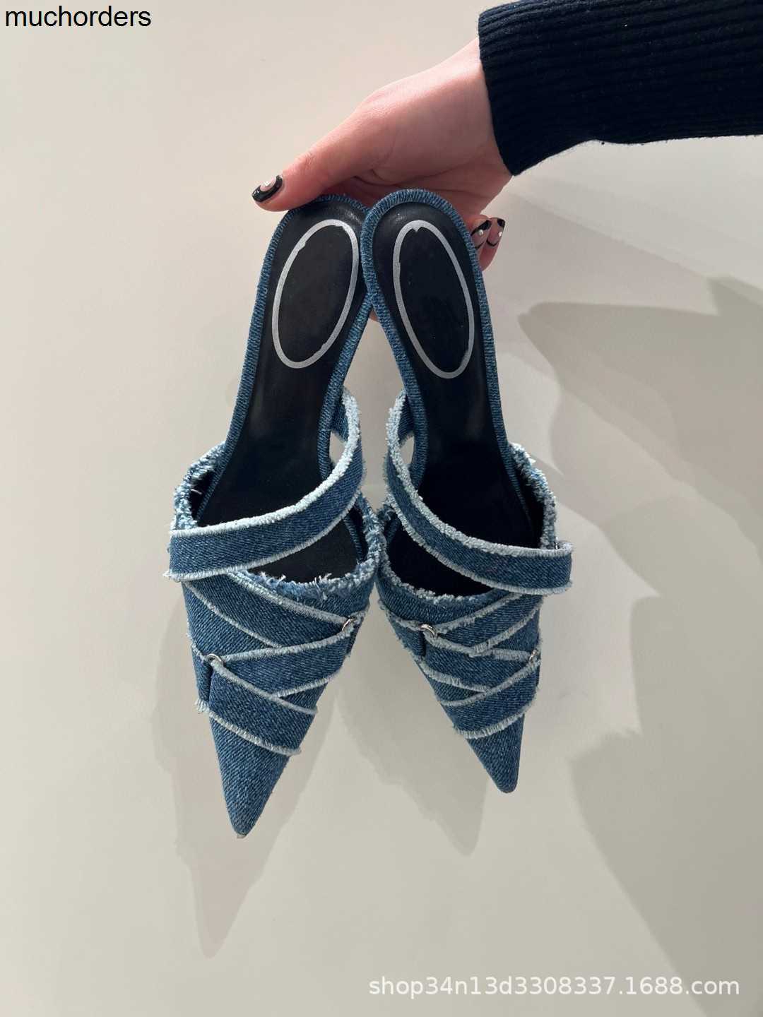

Gaoding 2023 New Low Heel Slippers for Women Denim Back Air Super High Heel Pointed Fashion Show Sandals for Women, Black