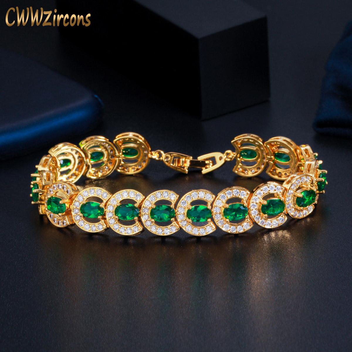 

Bangle CWWZircons Glitering African Green Cubic Zirconia Tennis Chain Link Luxury Bracelet for Women Gold Color Wedding Jewelry CB259
