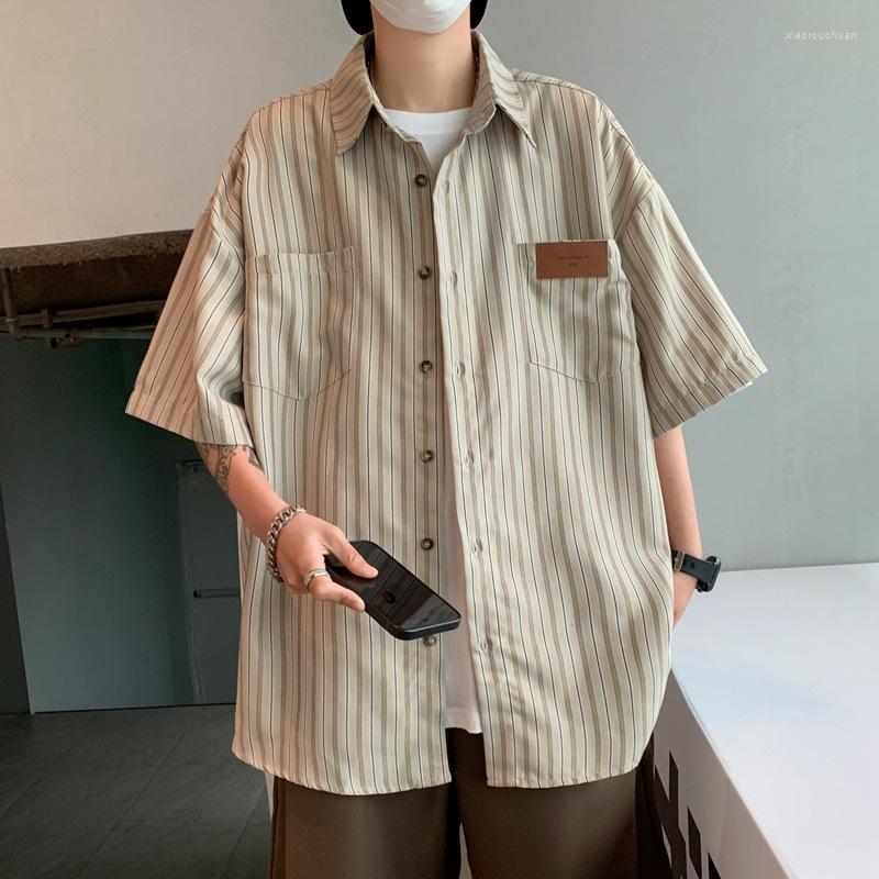 

Men's Casual Shirts Vintage Couple Summer Striped Men's Fashion Loose Basic Half Sleeve Cardigan Turn Down Collar, Green