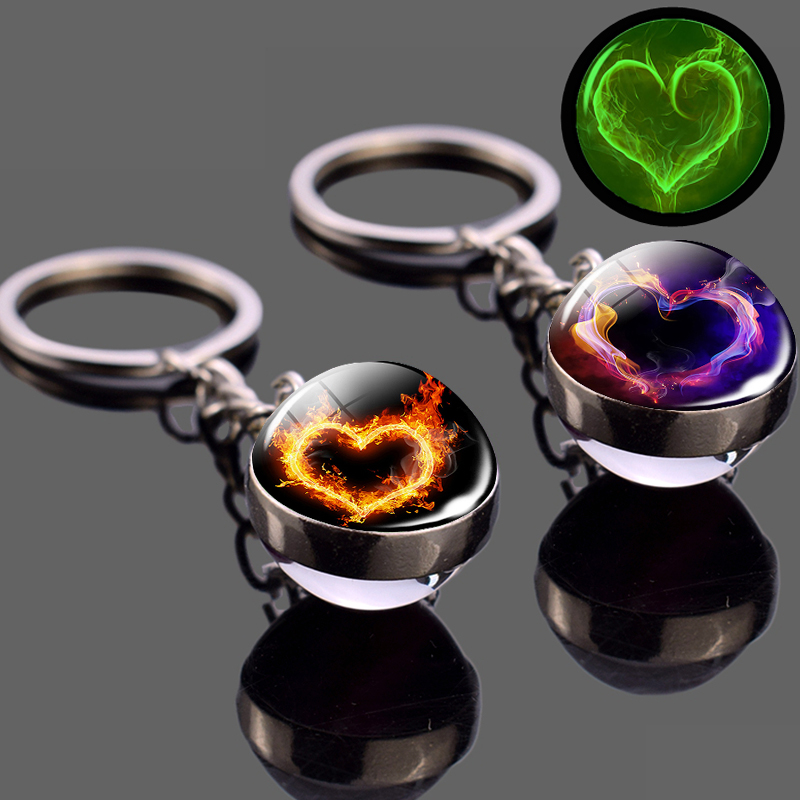 

Luminous Heart Keychain Trendy Glass Ball Pendant Krychains Keyrings Women Bag Chain Men Car Key Ring Glow in the Dark Wholesale