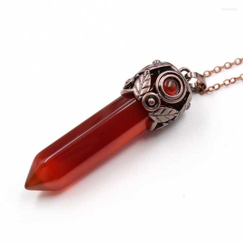 

Pendant Necklaces FYSL Antique Copper Hexagon Column Red Agates Link Chain Necklace Rose Pink Quartz Jewelry