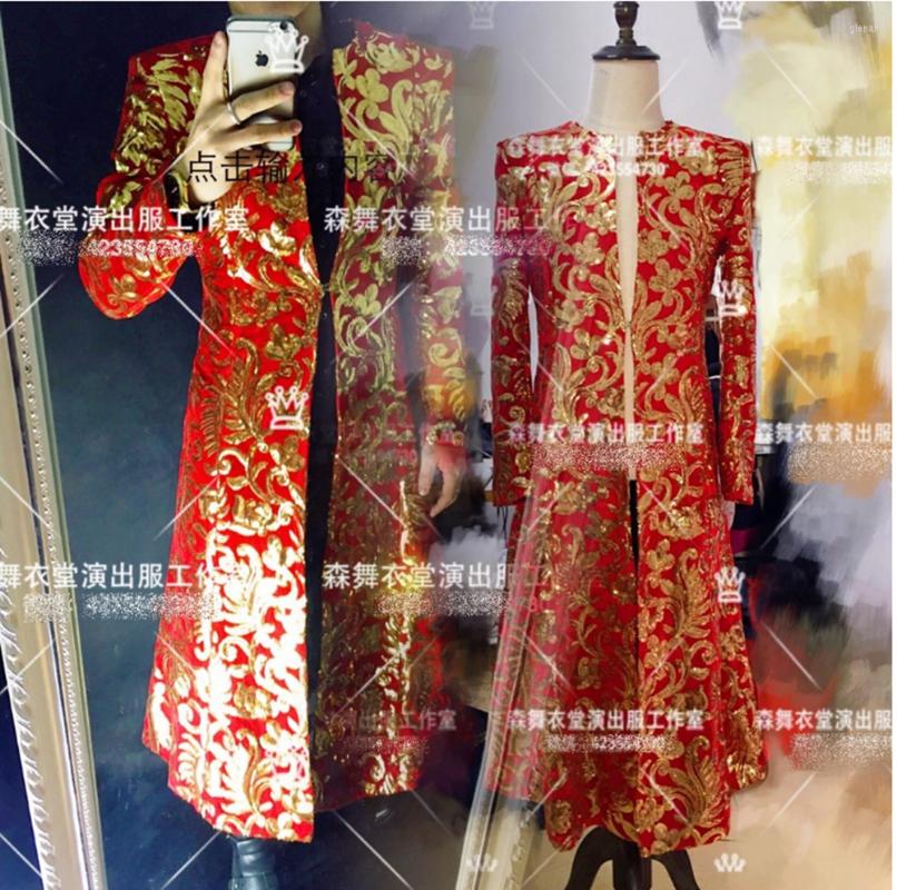 

Men's Trench Coats Nightclub Bar DJ Red Gold Totem Embroidery Long Umbrella Style Fashion Coat Men's Casual Performance Clothing, Long coat