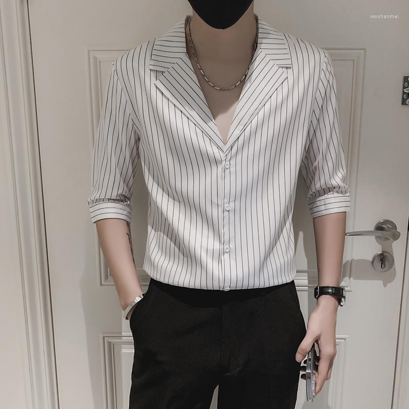 

Men's Casual Shirts Autumn Thin Striped Mens Brand Fashion V-Neck Half Sleeve Business Chemise Homme De Luxe Party Stage Wear Shirt Men, Black