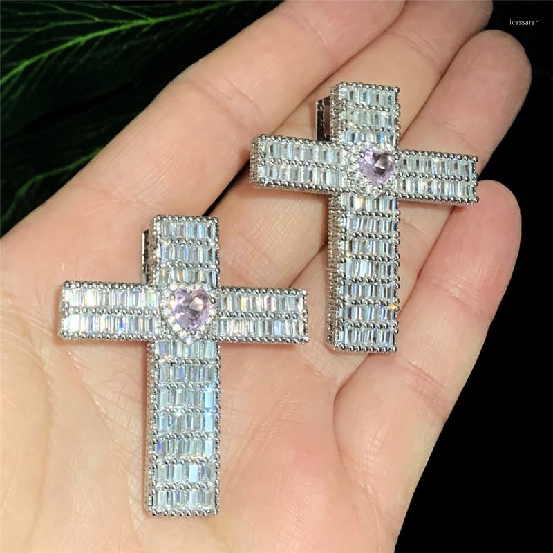 

Pendant Necklaces Baguette CZ Cross Necklace Pink Cubic Zirconia Heart Charm Men Women Hip Hop Jewelry