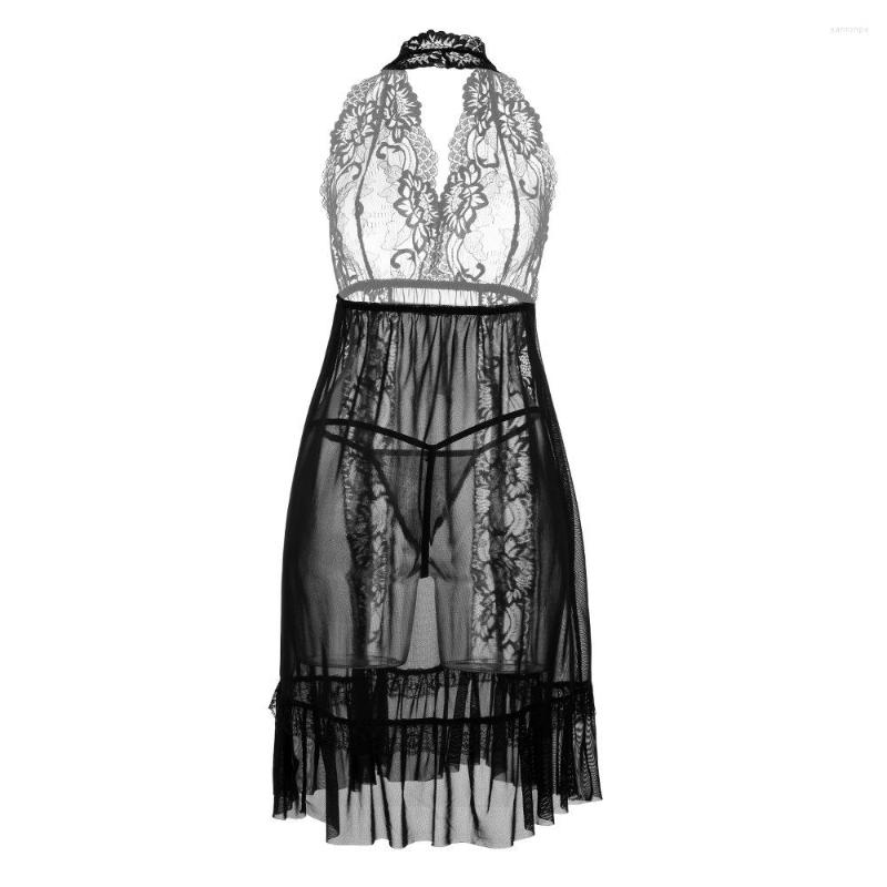 

Women's Sleepwear Women's Sexy Lingerie Mesh Perspective Home Extended Suspender Lace Pajama Gown, Black