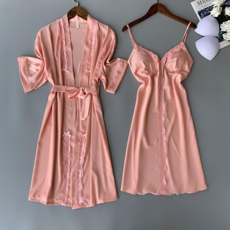 

Women's Sleepwear Satin Women Sexy Kimono Bathrobe Gown Lace Perspective Twinset Robe Set Loose 2PCS Bathrobe&Nightgown Suit Lingerie, Purple