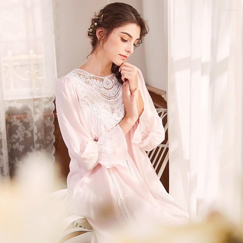 

Women' Sleepwear Court Princess Elegant Pink Sleepdress Spring Autumn Lace Long Sleeve O Neck Nightgown Cotton Nightdress Negligee