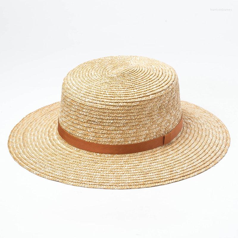 

Wide Brim Hats Boater Hat For Women Summer Beach Unisex Flat Protection UV Shade Straw Ladies Ribbon Sun Wholesale, Wine red ribbon