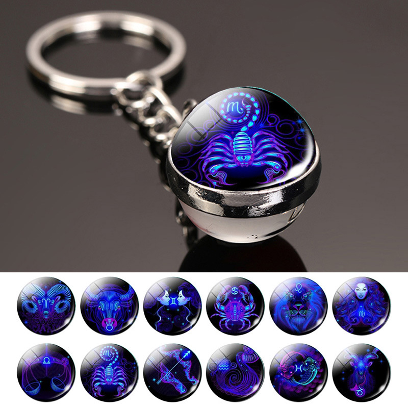 

Creative 12 Constellation Key Ring Time Stone Double-Sided Glass Ball Metal Keychain Pendant Key Chain Accessories Fashion Gift