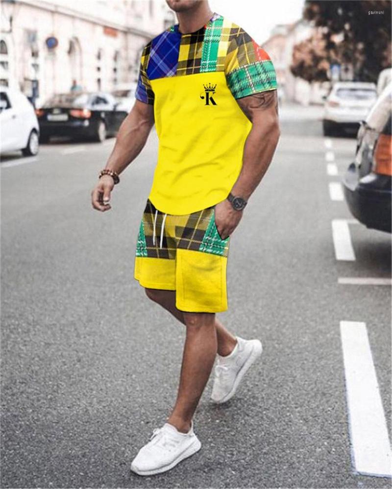 

Men's Tracksuits Fashionable Men's Sportswear Summer Patchwork Color Checkered Striped O-neck T-shirt Set Short Sleeves And Shorts, Beige