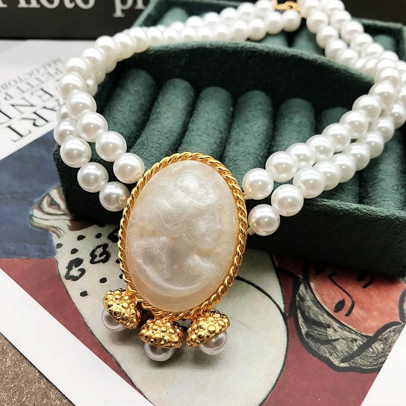 

Necklaces Big Pendant Chokers Necklace Human Face Double Strands Glass Pearl Party Wedding Clavicle Jewelry For Women Gifts