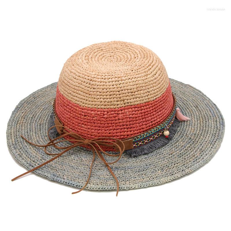 

Wide Brim Hats 202302-gaoda-bowknot Summer Raffia Grass Color Matching Bohemian Webbing Ethnic Lady Women Beach Cap Leisure Hat Wholesale, Gray