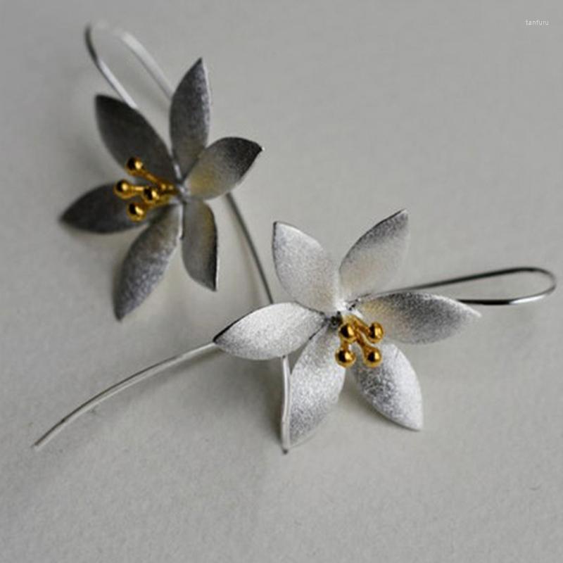 

Dangle Earrings Blooming Lotus Flower Stamens Women's Long Hook Gift Jewelry Antique Silver Color Party Gifts