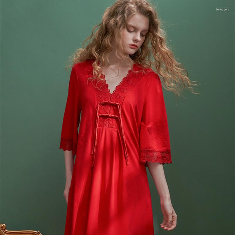 

Women' Sleepwear Elegant Nightdress Woman Red Summer Spring Cotton Nightgown Chinese Antique Design, Picture shown