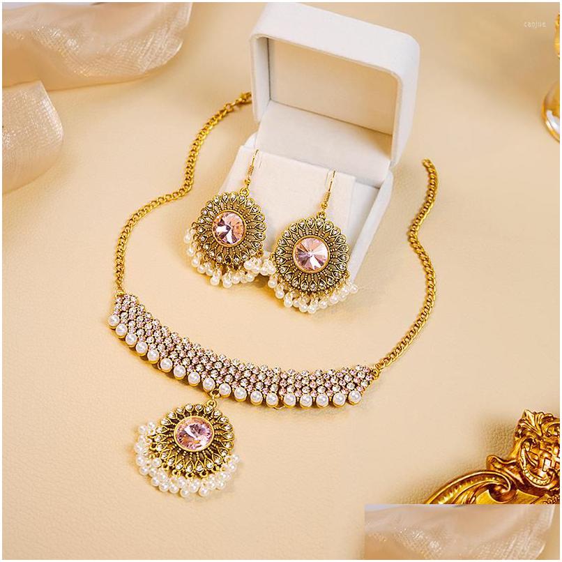 

Earrings Necklace Set Boho Retro Golden For Women Luxury Mticolor Gemstone Tiny Zircon White Beads Pendant Jewellery Sets Dhgarden Dhn9V, Picture shown