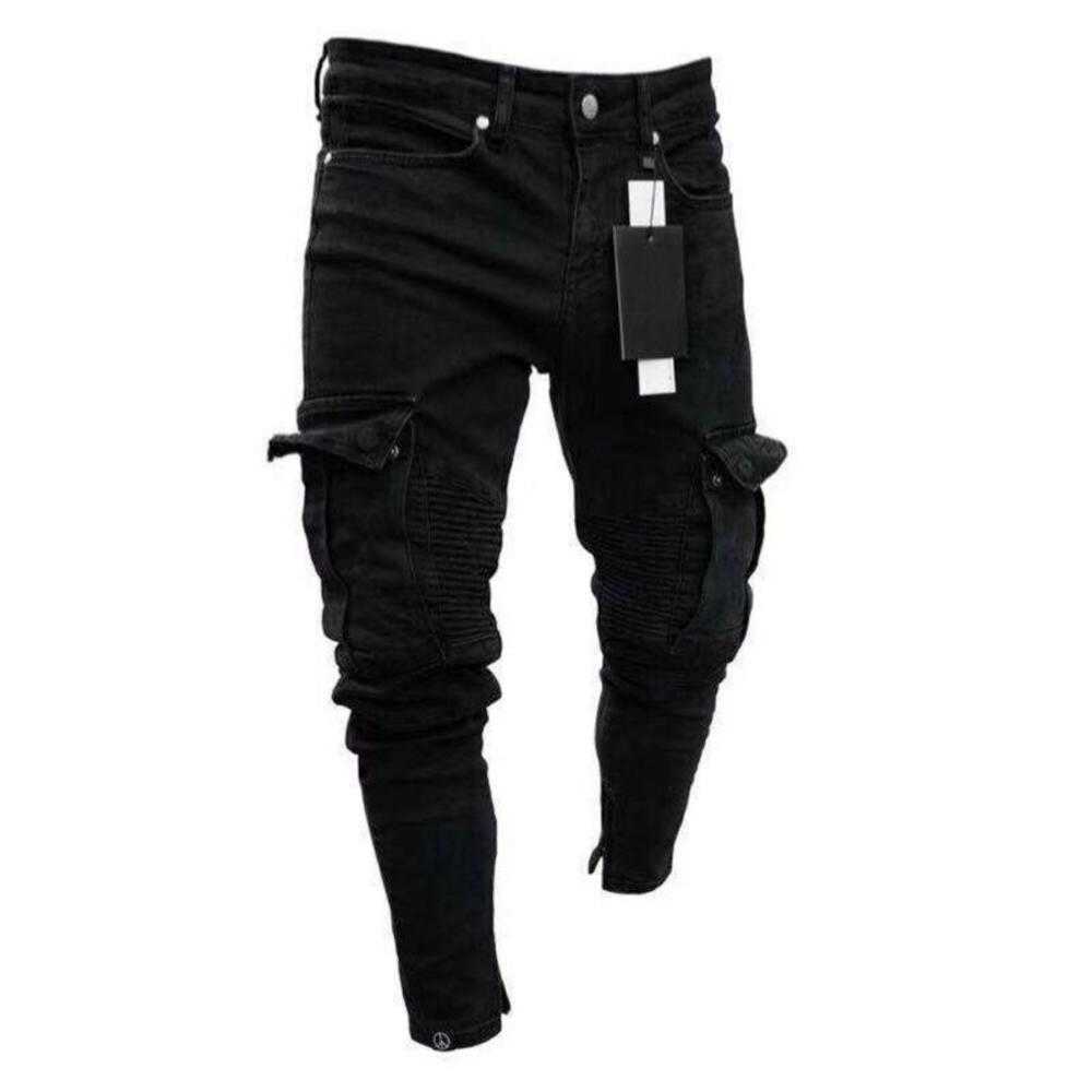 

Men' Jeans 2023Fashion Black Jean Men Denim Skinny Biker Destroyed Frayed Slim Fit Pocket Cargo Pencil Pants Plus Size -3XL Fashion