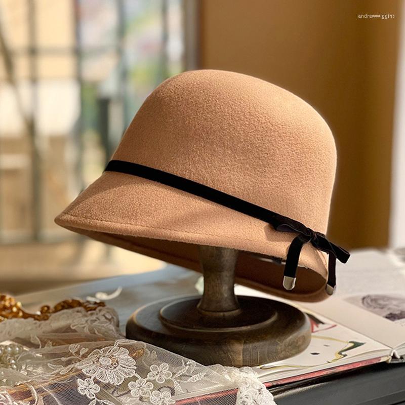 

Wide Brim Hats Fedora Fashion Women's Fisherman Ribbon Bow British Equestrian Hat Flat Top Small Brimming Temperament Elegant Cap, Black