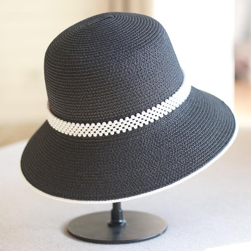 

Wide Brim Hats Korea Style Women Sunscreen Dome Straw Woven Summer/Spring Fashion Foldable Sun With Pearl Decor Casual Bucket, White