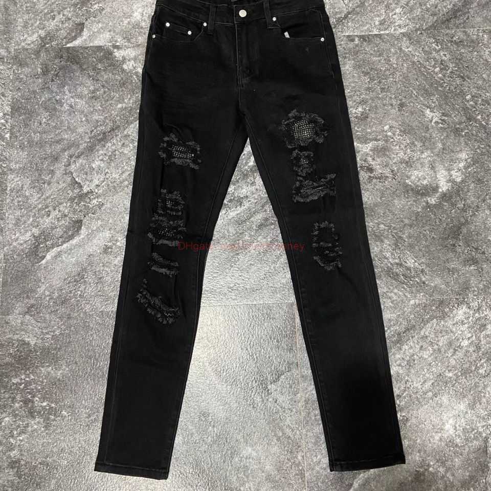 

Designer Clothing Amires Jeans Denim Pants Amies Street Hole Studded Blue Jeans Mens Washed Old Fashion Slim Fit Elastic Leggings Distressed Ripped Skinny Motocycl, Black