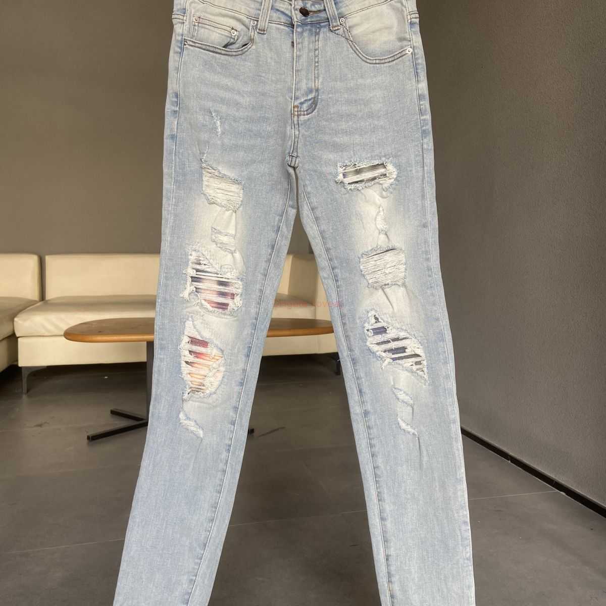 

Designer Clothing Amires Jeans Denim Pants Amies Jeans Fashion Mens Washed Old Hole Patch Long Pants High Street Slim Fit Slp Elastic Feet Pants Distressed Ripped Ski, Picture color