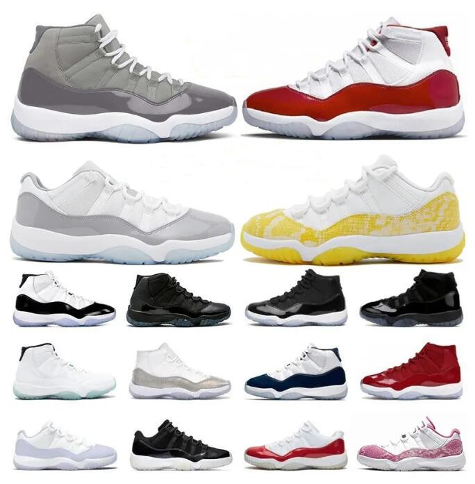 

Jumpman 11 11s Yellow Snakeskin Basketball Shoes Low Cement Grey Cherry Midnight Navy Cool Grey Cap and Gown DMP Concord Bred Men Women Trainers Sport Sneakers US 36-47, 13