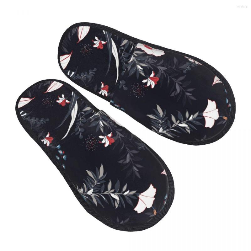 

Slippers Indoor Dark Navy Blue Tropical Forest Warm Winter Home Plush Fashion Soft Fluffy, Black