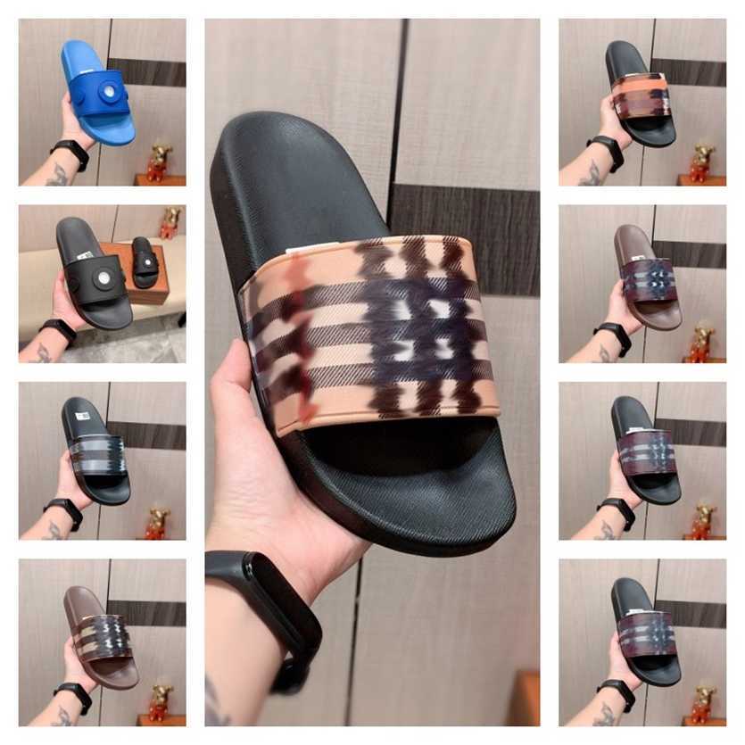 

Vintage check print beige slides brown Slippers Brands Bur 100% Leather Sandals Summer furley men women plaid beach outdoor Sandal Designer Scuffs slider plus size, Bbry5168