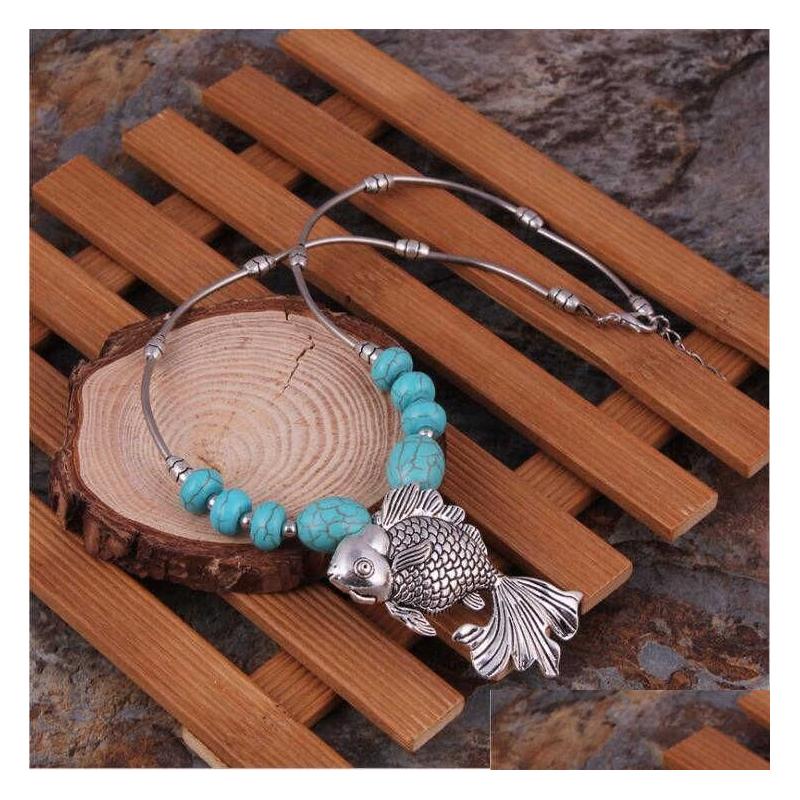 

Pendant Necklaces Womens Carp Beads Tibetan Sier Turquoise Gstqn021 Fashion Gift National Style Women Diy Necklace Pendants Drop Del Dh0Gh