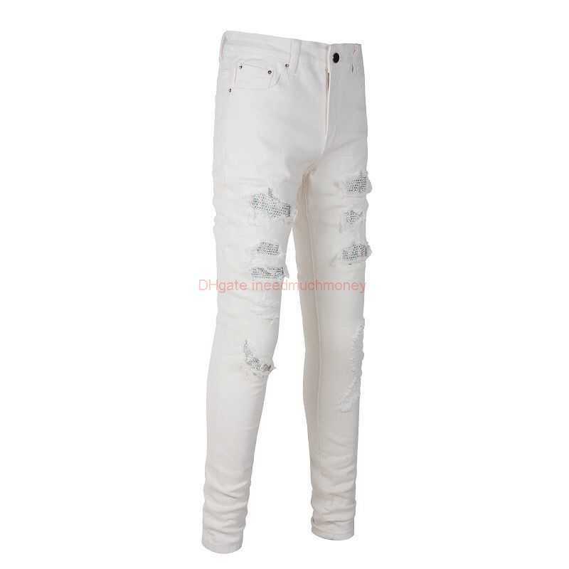 

Designer Clothing Amires Jeans Denim Pants Amies Unisex Youth Fashion Jeans White Hot Diamond Wash Worn Elastic Slim Fit Small Feet Pants Distressed Ripped Skinny Mo, Beige