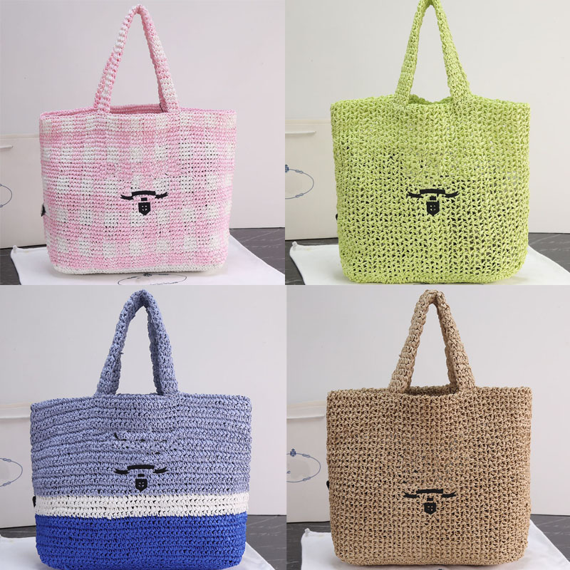 

Crochet Tote Bag Raffia Straw Woven Handbag Summer Beach Bags Fashion Letter Hollow Out Shoulder Bags Side Triangle Large Capacity Practical Casual Handbags 48cm