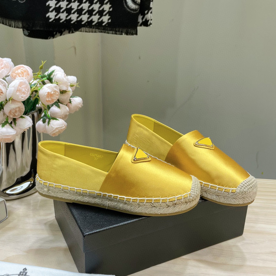 

23S Triangle Plaque Satin slip on Espadrilles shoes JUTE Sole spring Silk flats loafers hand made luxury designers shoe womens casual luxe lounge footwear with box