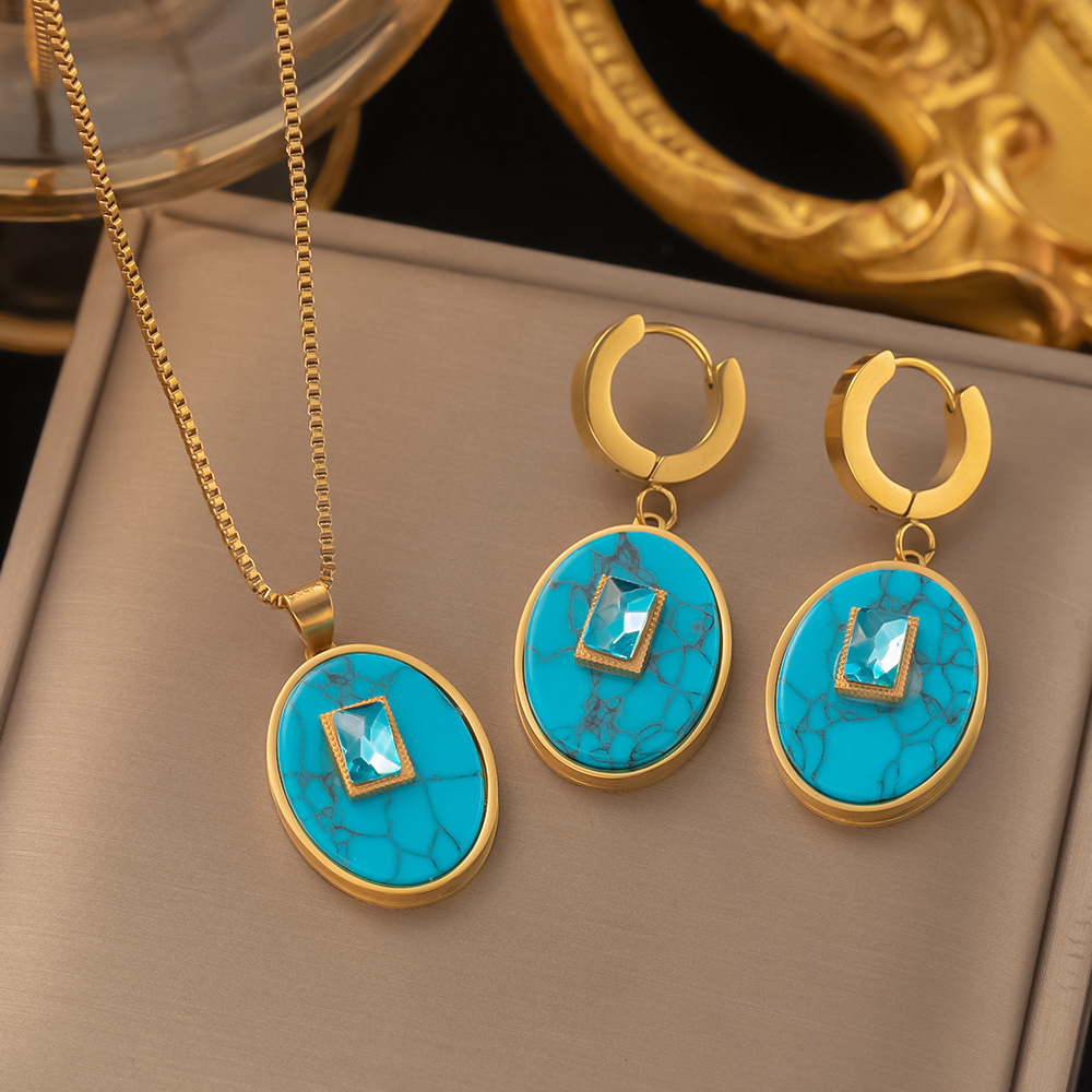 Popular No Fading Blue Turquoise Pendant Necklace Earring Designers 18K Gold Jewelry for Gift-image-868411831