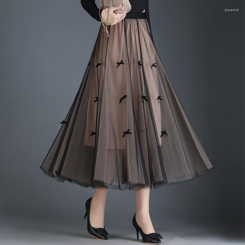 

Skirts Autumn Winter Gentle Fairy Veil Female 2023 Fashion Bow Covered Hip Bust Skirt Of High Waist Net Yarn Bitter Fleabane, Black