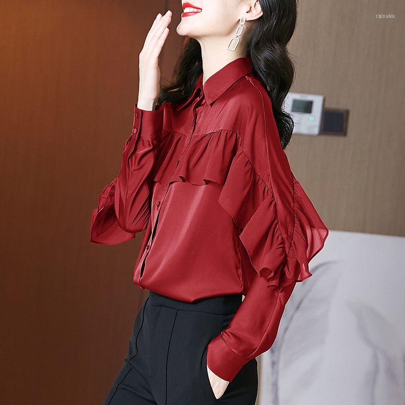 

Women' Blouses Office Lady Stylish Ruffles Patchwork Shirt Spring Autumn Long Sleeve Women' Clothing Single-breasted Loose Polo-Neck, Red