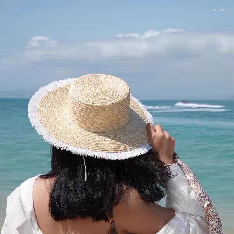 

Wide Brim Hats Straw Burrs Edge Sun-shading Hat Women's Summer Woven Large Flat Top Sun-proof Beach, White