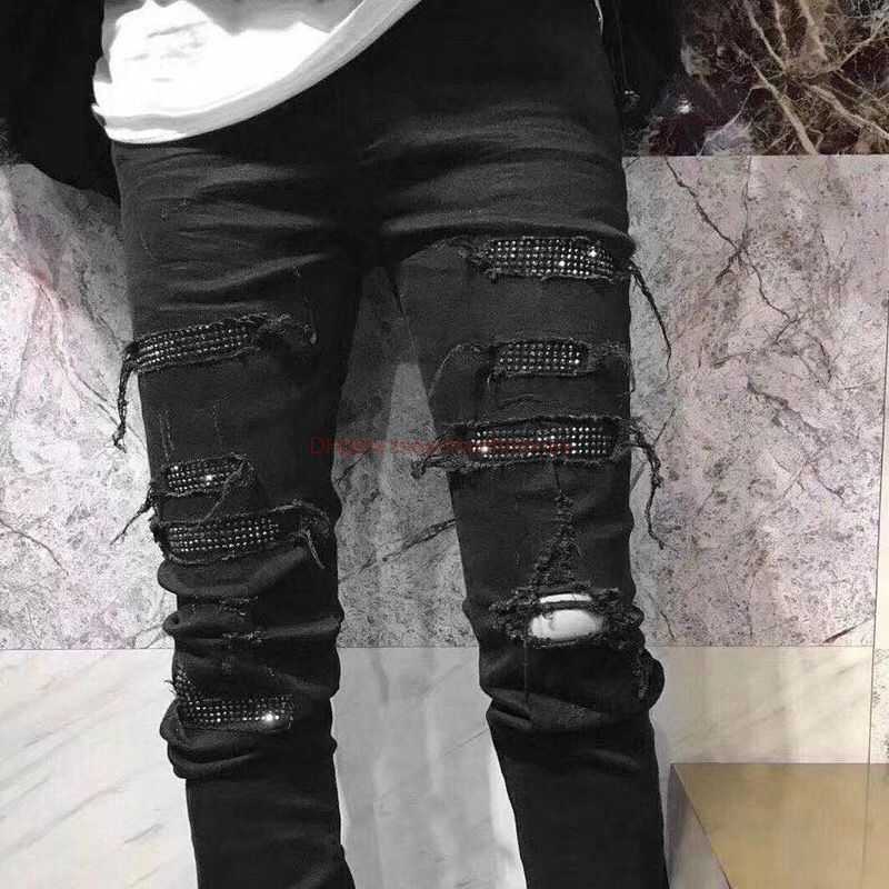 

Designer Clothing Amires Jeans Denim Pants Amies High Street Hot Diamond Patch Broken Black Jeans Mens Fashion Brand Slim Fit Elastic Feet Pants Stylist Pants Distre