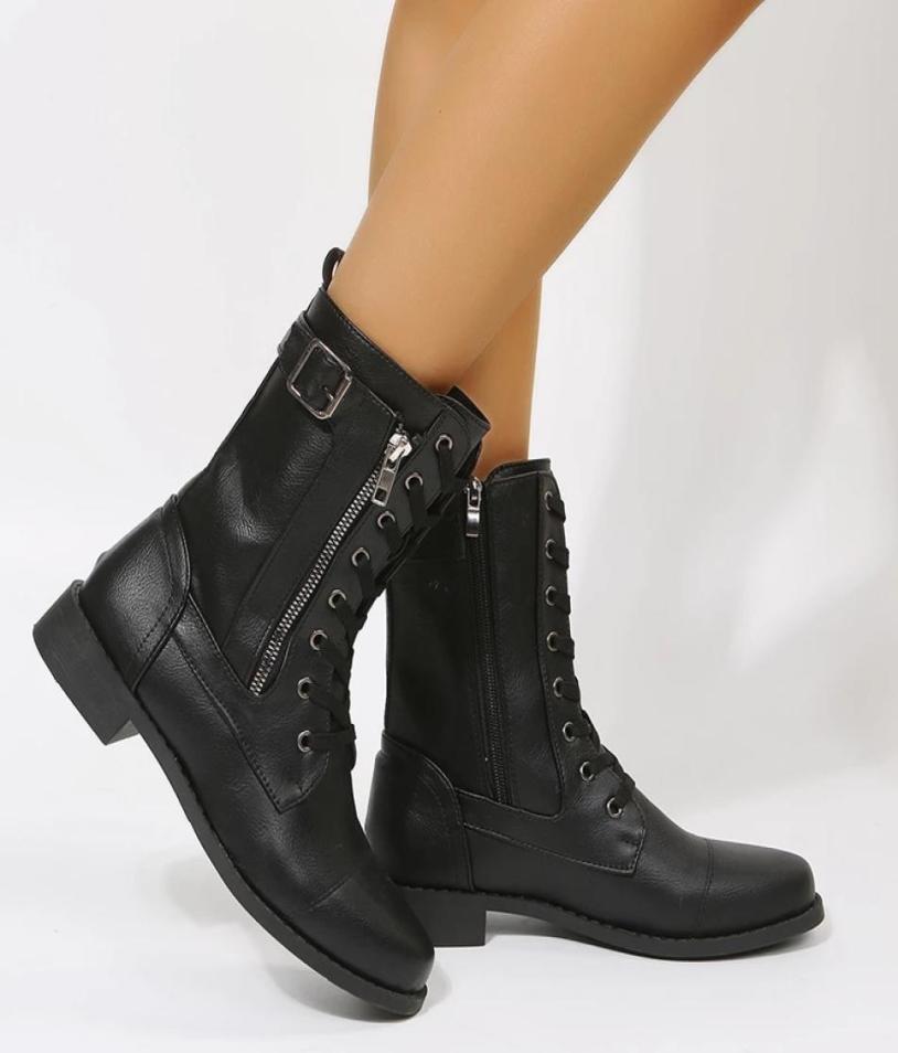 

Autumn Winter Black Thicksoled Midtop Short Boots British Trend Hightop Belt Buckle Lace Handsome Martin Boots7317269, White